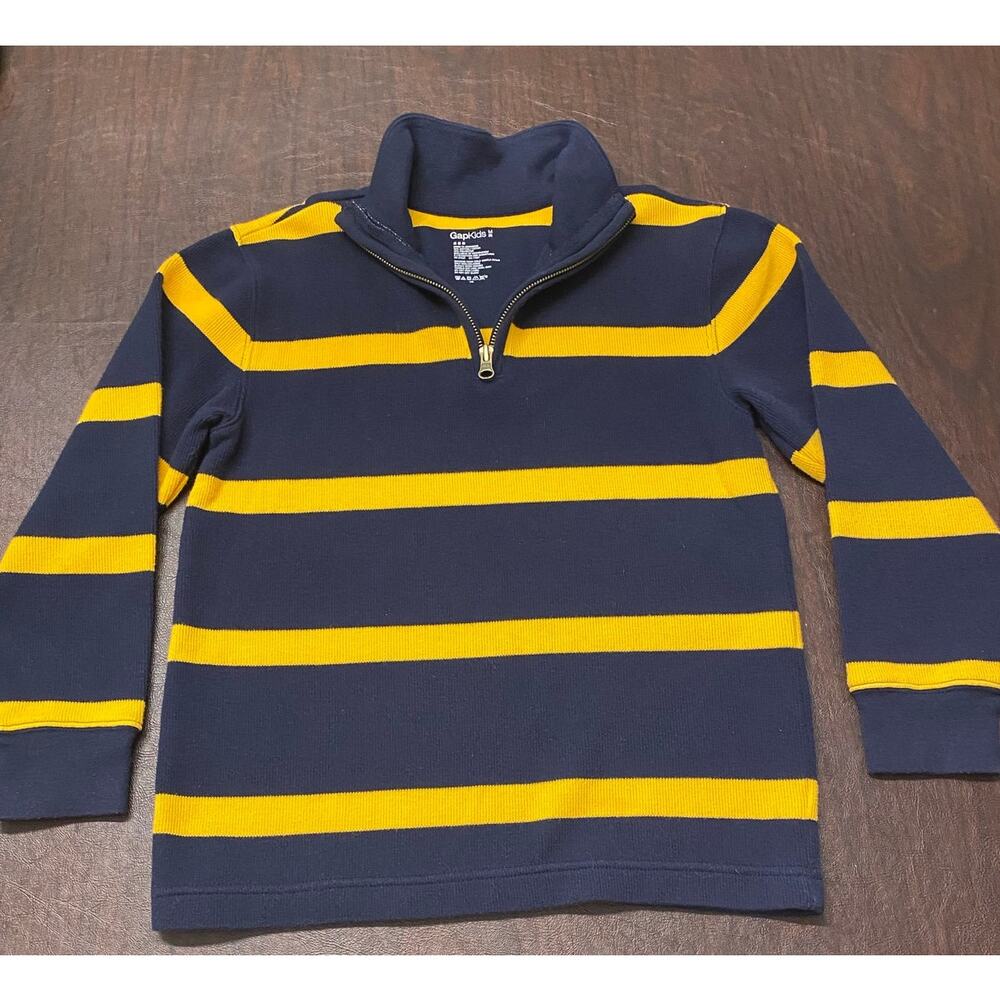 Gap‎ Boy's Striped Rugby Shirt Blue Yellow Long Sleeve Quarter Zip Mock Neck Med
